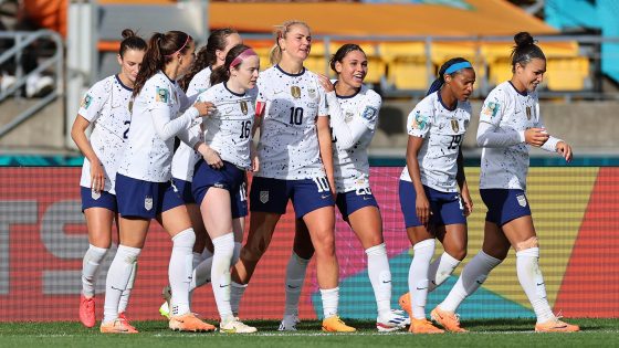 WELLINGTON, NEW ZEALAND - JULY 27: Lindsey Horan (4th R) of USA celebrates with teammate after scoring her team's first goal during the FIFA Women's World Cup Australia & New Zealand 2023 Group E match between USA and Netherlands at Wellington Regional Stadium on July 27, 2023 in Wellington, New Zealand. (Photo by Buda Mendes/Getty Images)