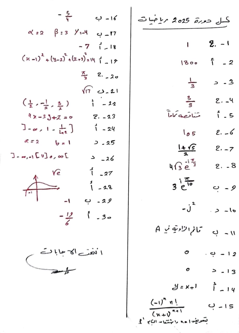 أجوبة أسئلة امتحان الرياضيات بكالوريا علمي